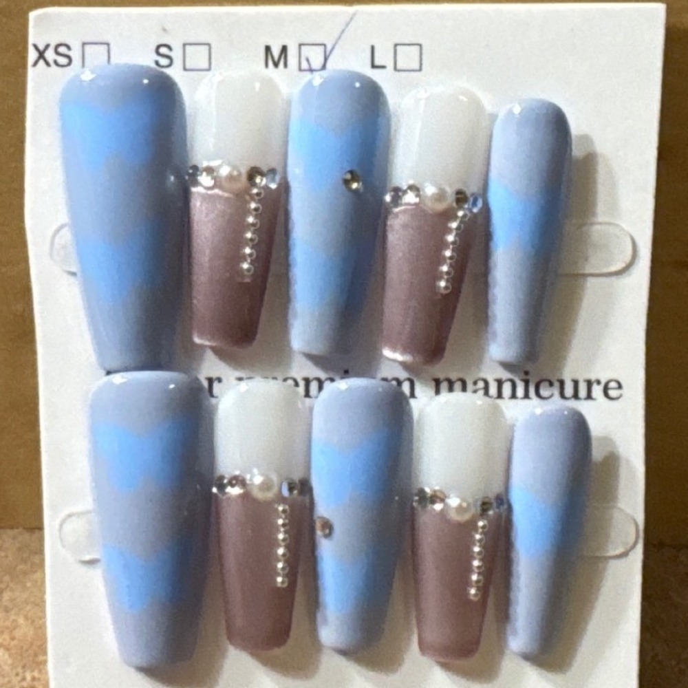 Blue Chevron Rhinestone Pearl Press On Nails Long Coffin Premium Manicure Set - Picture 1 of 1